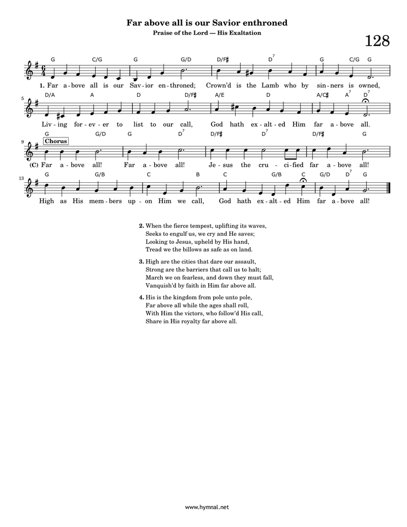 Far above all is our Savior enthroned (Hymn 128) Piano Sheet Music Page 1 Free PDF