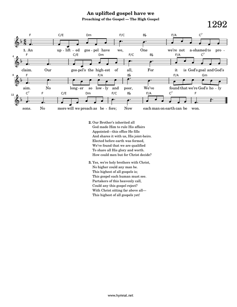 An uplifted gospel have we (Hymn 1292) Piano Sheet Music Page 1 Free PDF