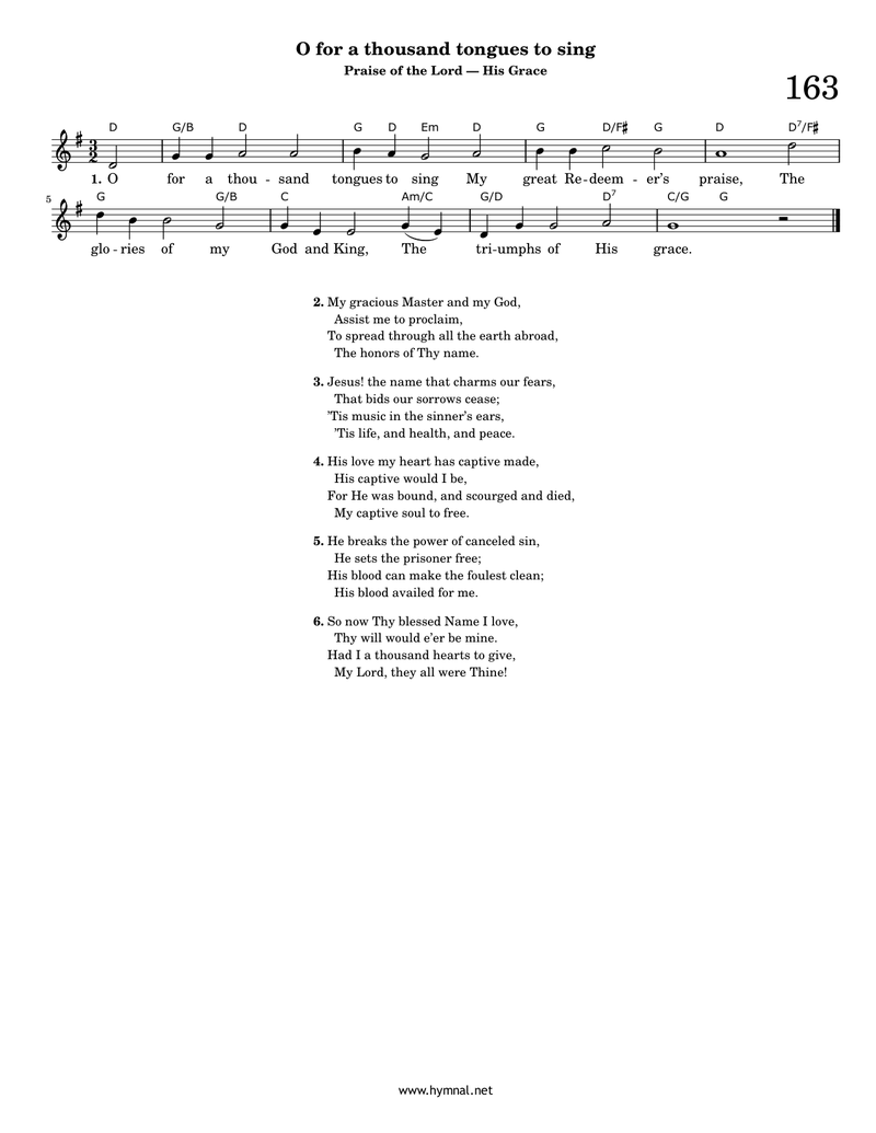 O for a thousand tongues to sing (Hymn 163) Piano Sheet Music Page 1 Free PDF