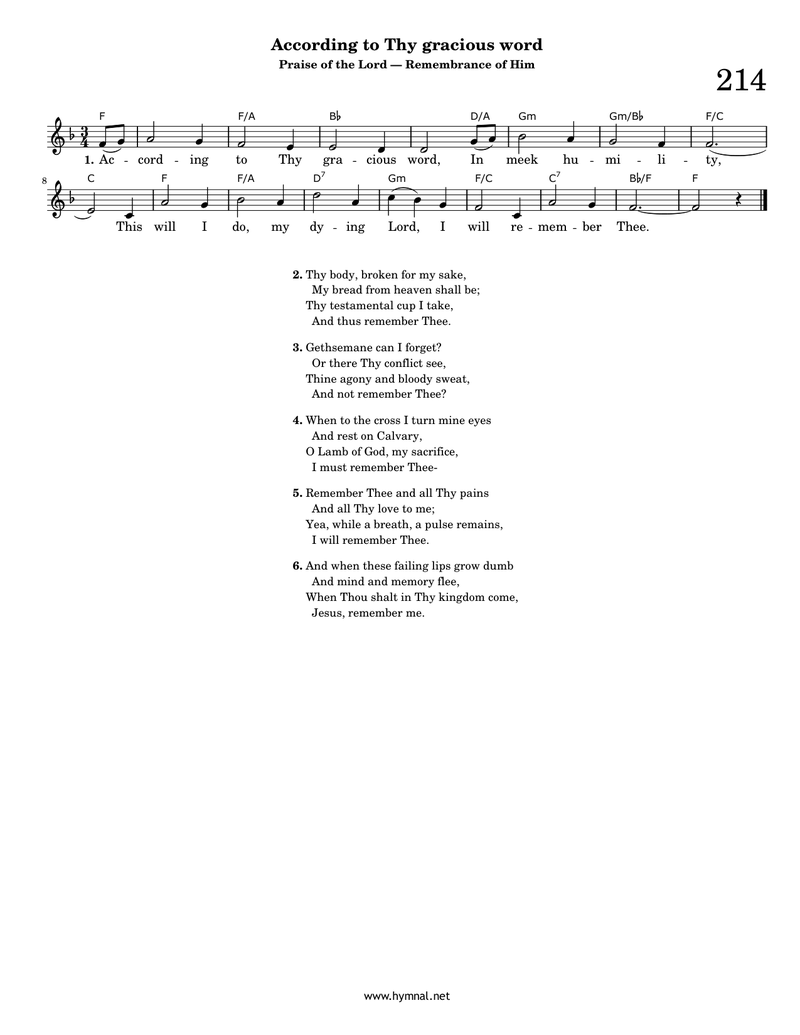 According to Thy gracious word (Hymn 214) Piano Sheet Music Page 1 Free PDF