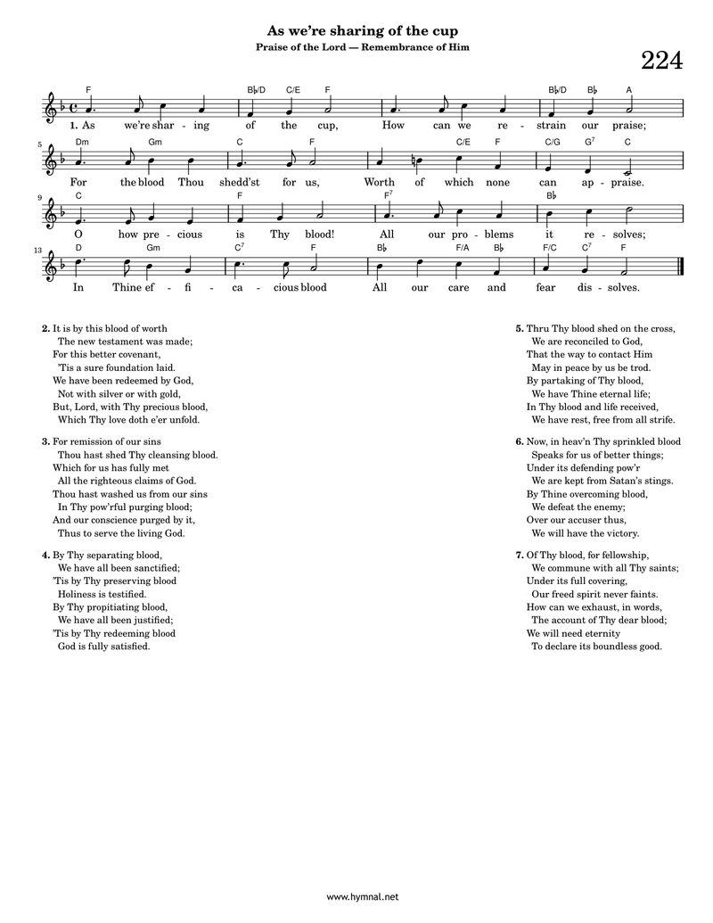 As we're sharing of the cup (Hymn 224) Piano Sheet Music Page 1 Free PDF