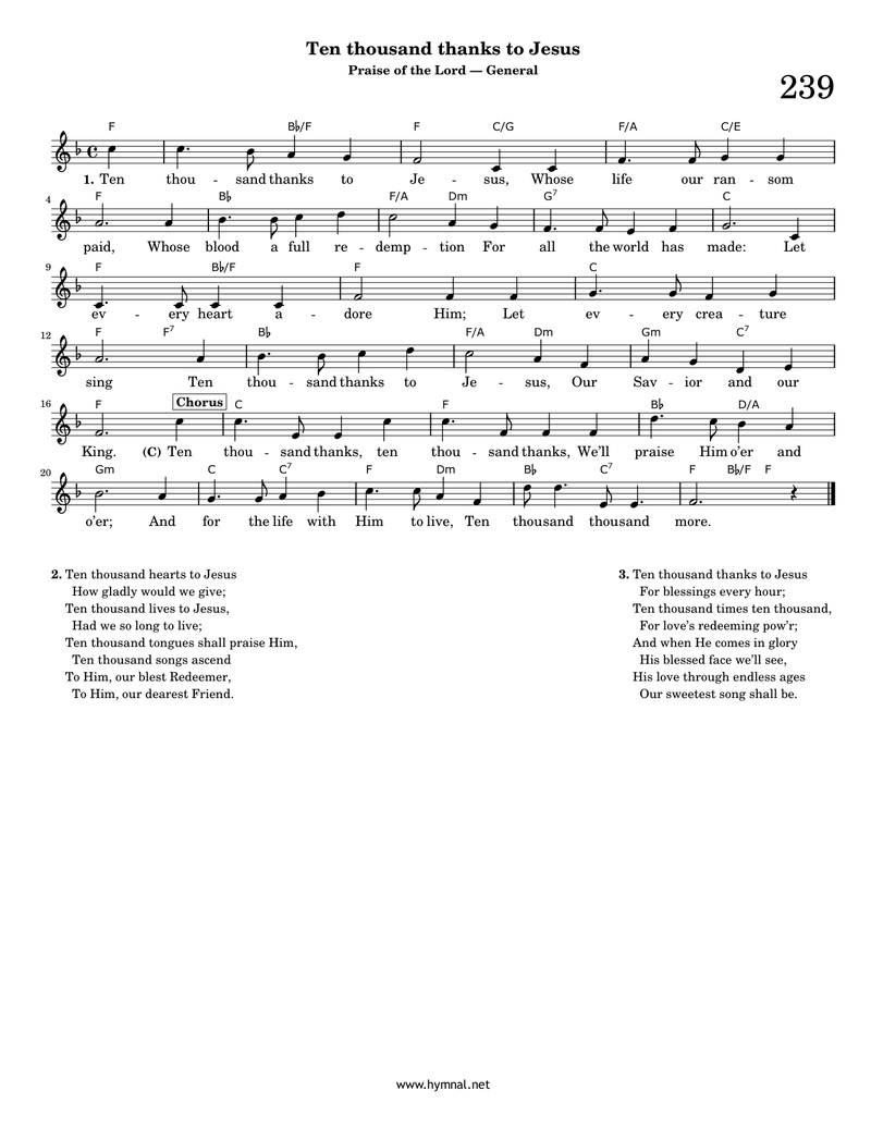 Ten thousand thanks to Jesus (Hymn 239) Piano Sheet Music Page 1 Free PDF