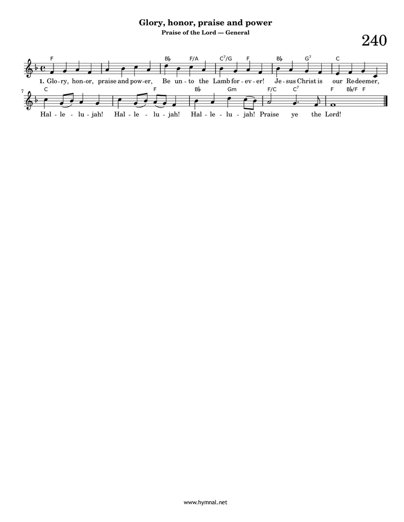 Glory, honor, praise and power (Hymn 240) Piano Sheet Music Page 1 Free PDF