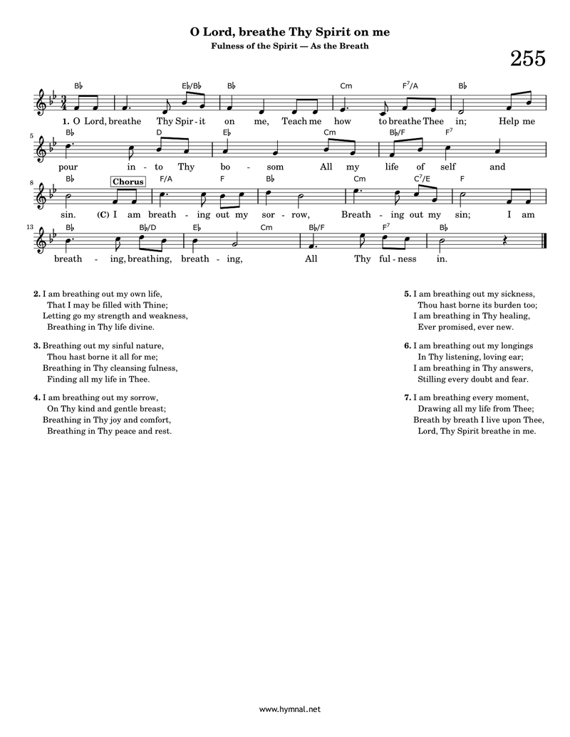 O Lord, breathe Thy Spirit on me (Hymn 255) Piano Sheet Music Score Page 1