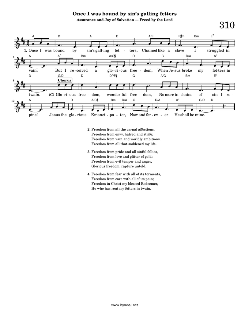 Once I was bound by sin's galling fetters (Hymn 310) Piano Sheet Music Page 1 Free PDF