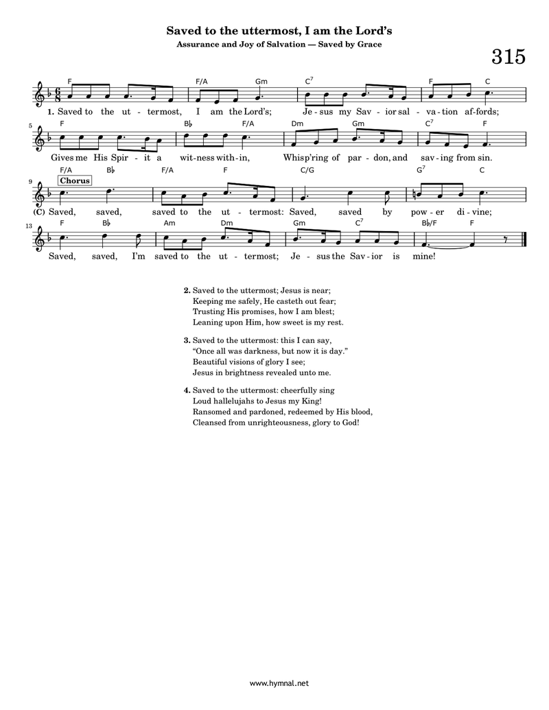 Saved to the uttermost, I am the Lord's (Hymn 315) Piano Sheet Music Page 1 Free PDF