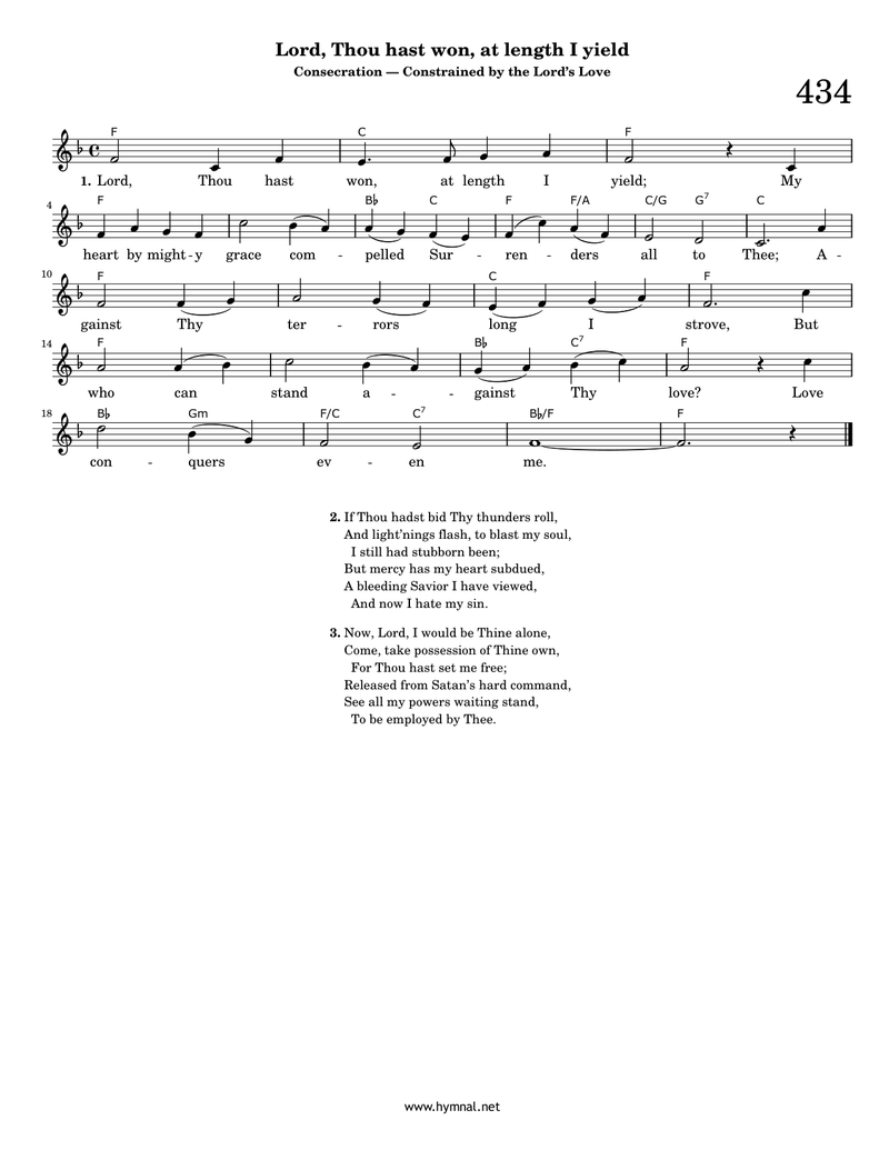 Lord, Thou hast won, at length I yield (Hymn 434) Piano Sheet Music Page 1 Free PDF