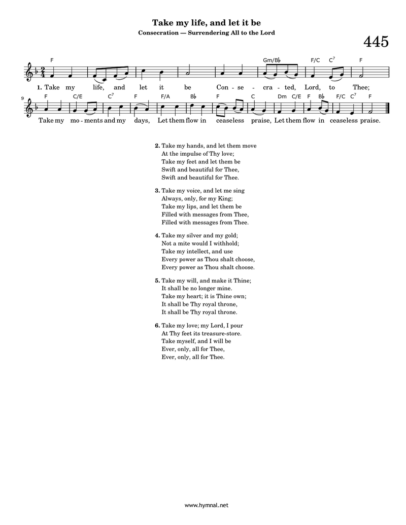 Take my life, and let it be (Hymn 445) Piano Sheet Music Page 1 Free PDF