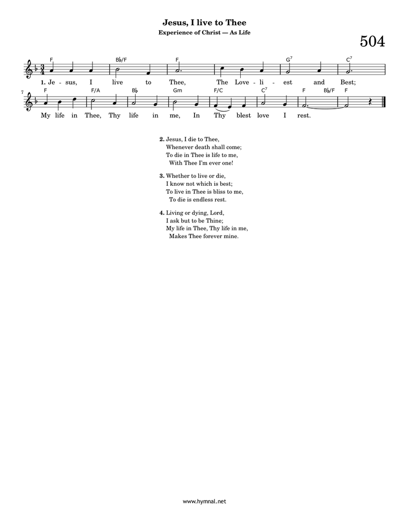 Jesus, I live to Thee (Hymn 504) Piano Sheet Music Page 1 Free PDF