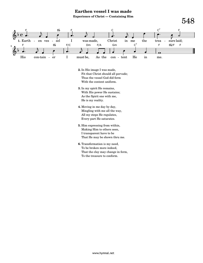 Earthen vessel I was made (Hymn 548) Piano Sheet Music Page 1 Free PDF