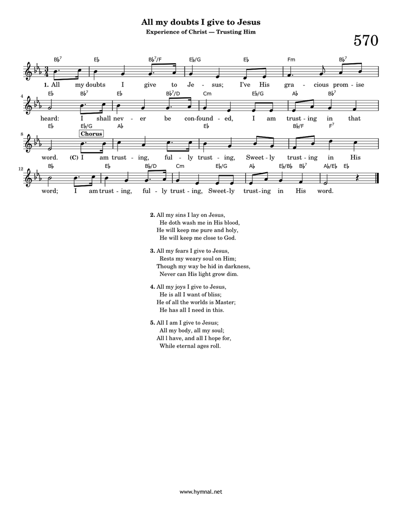All my doubts I give to Jesus (Hymn 570) Piano Sheet Music Page 1 Free PDF