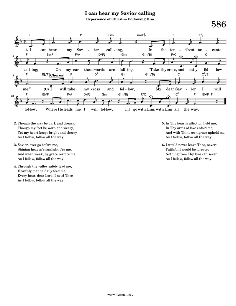 I can hear my Savior calling (Hymn 586) Piano Sheet Music Page 1 Free PDF