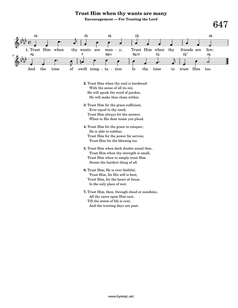 Trust Him when thy wants are many (Hymn 647) Piano Sheet Music Page 1 Free PDF