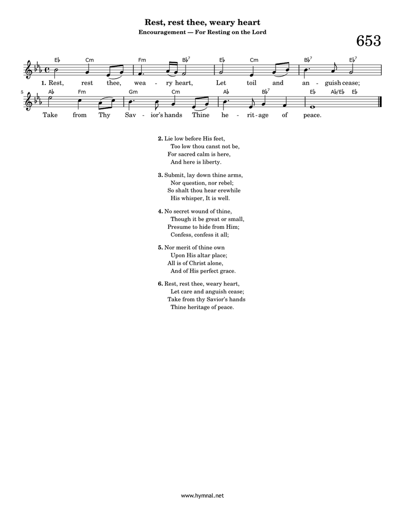 Rest, rest thee, weary heart (Hymn 653) Piano Sheet Music Page 1 Free PDF