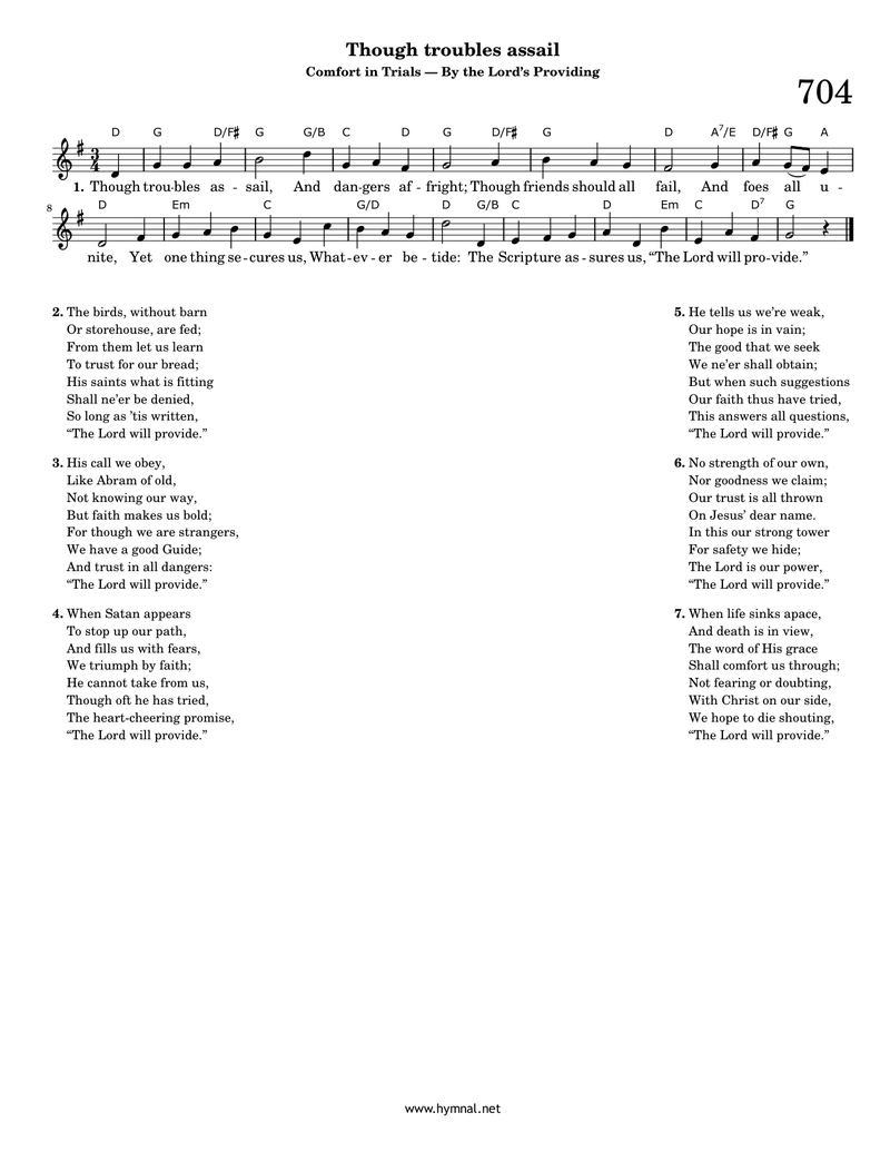 Though troubles assail (Hymn 704) Piano Sheet Music Page 1 Free PDF
