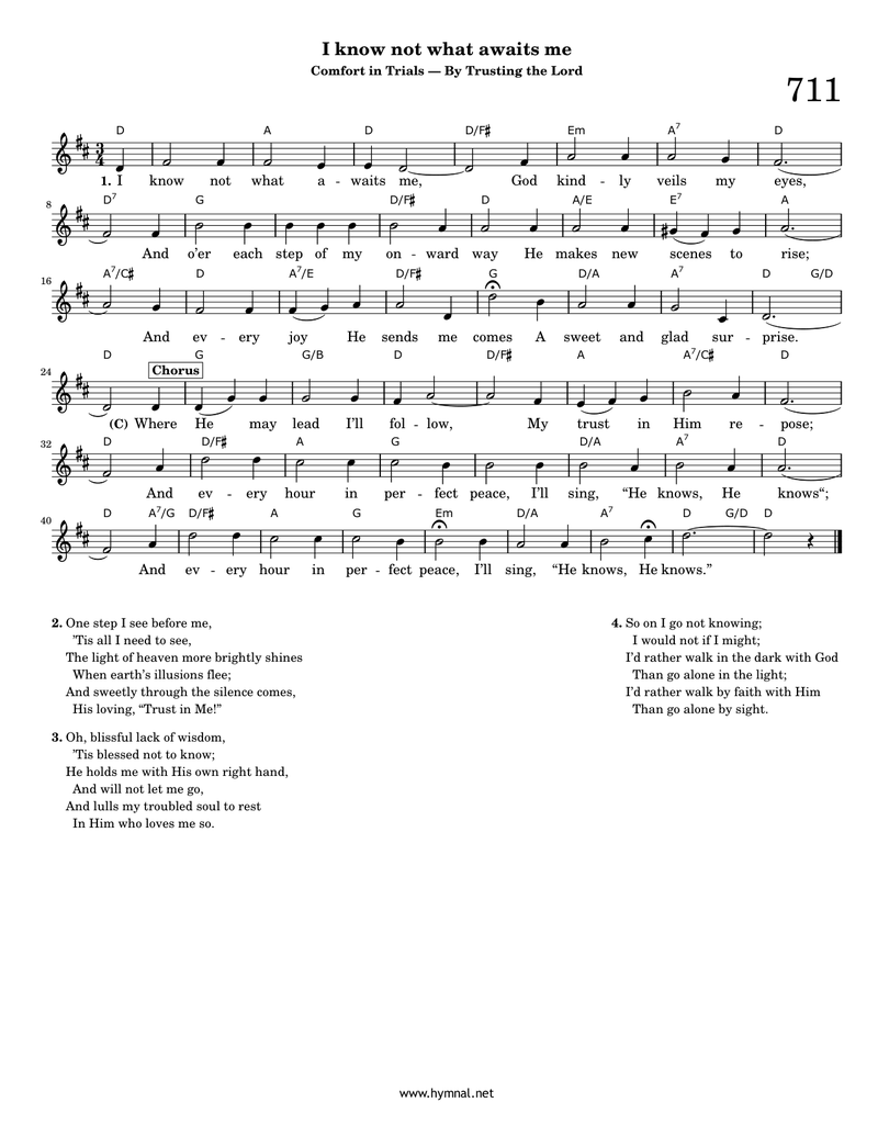 I know not what awaits me (Hymn 711) Piano Sheet Music Page 1 Free PDF