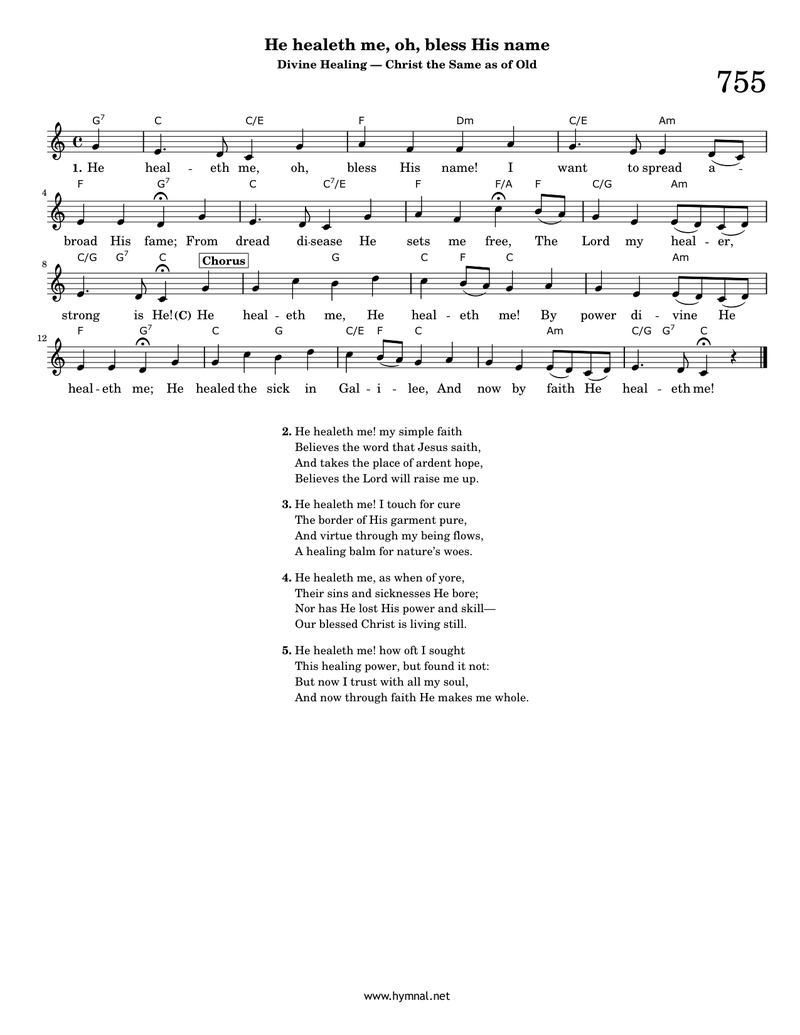 He healeth me, oh, bless His name (Hymn 755) Piano Sheet Music Page 1 Free PDF