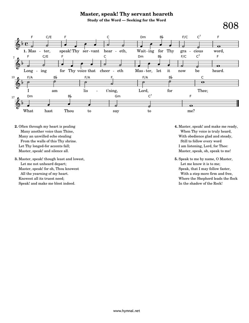 Master, speak! Thy servant heareth (Hymn 808) Piano Sheet Music Page 1 Free PDF