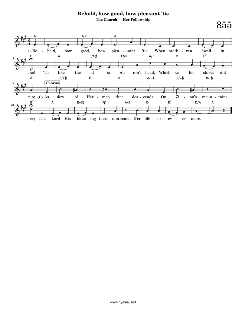 Behold, how good, how pleasant 'tis (Hymn 855) Piano Sheet Music Page 1 Free PDF