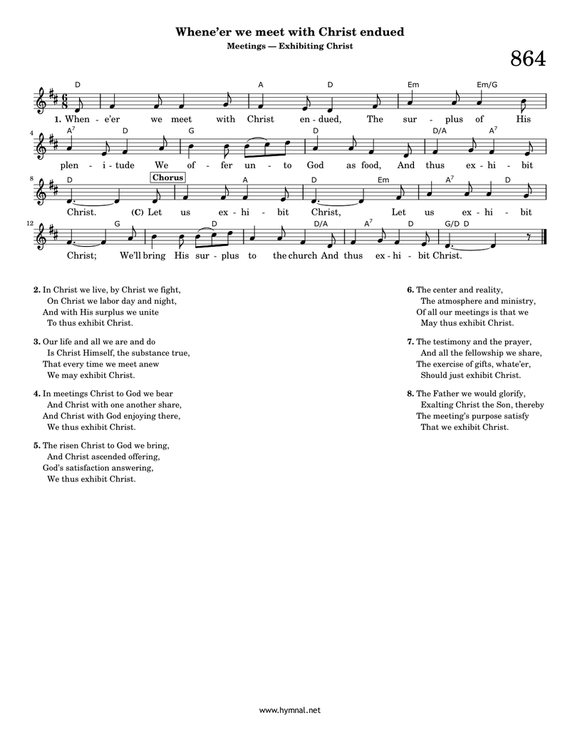 Whene'er we meet with Christ endued (Hymn 864) Piano Sheet Music Page 1 Free PDF
