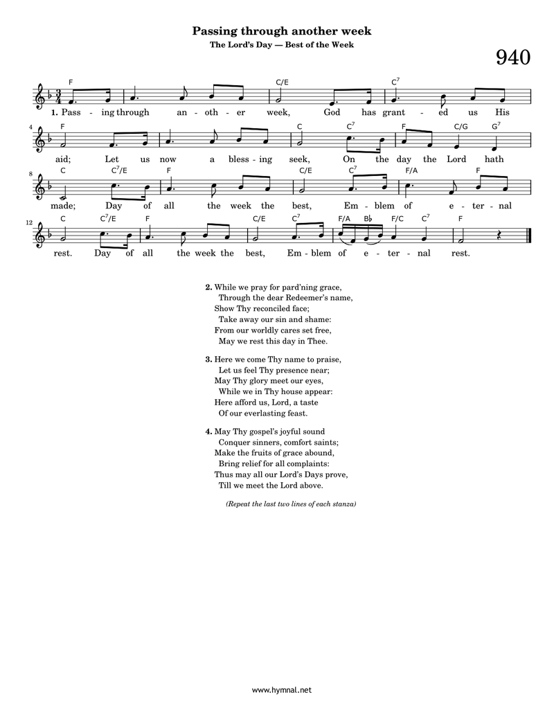 Passing through another week (Hymn 940) Piano Sheet Music Score Page 1