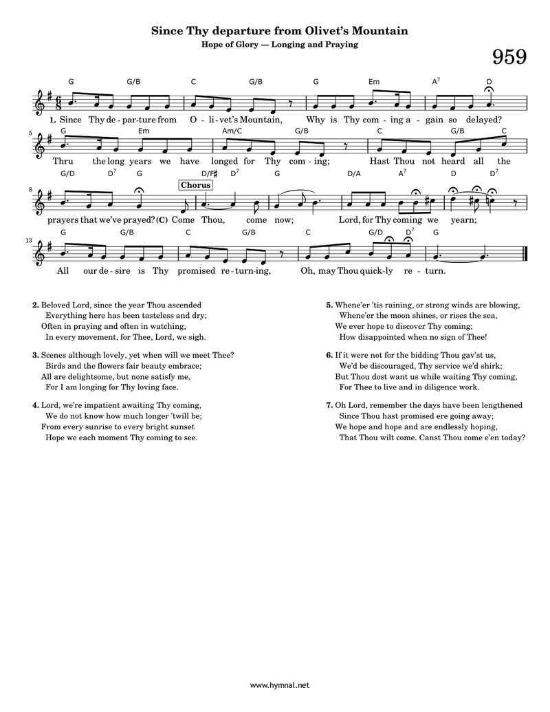 Since Thy departure from Olivet's Mountain (Hymn 959) Piano Sheet Music Page 1 Free PDF