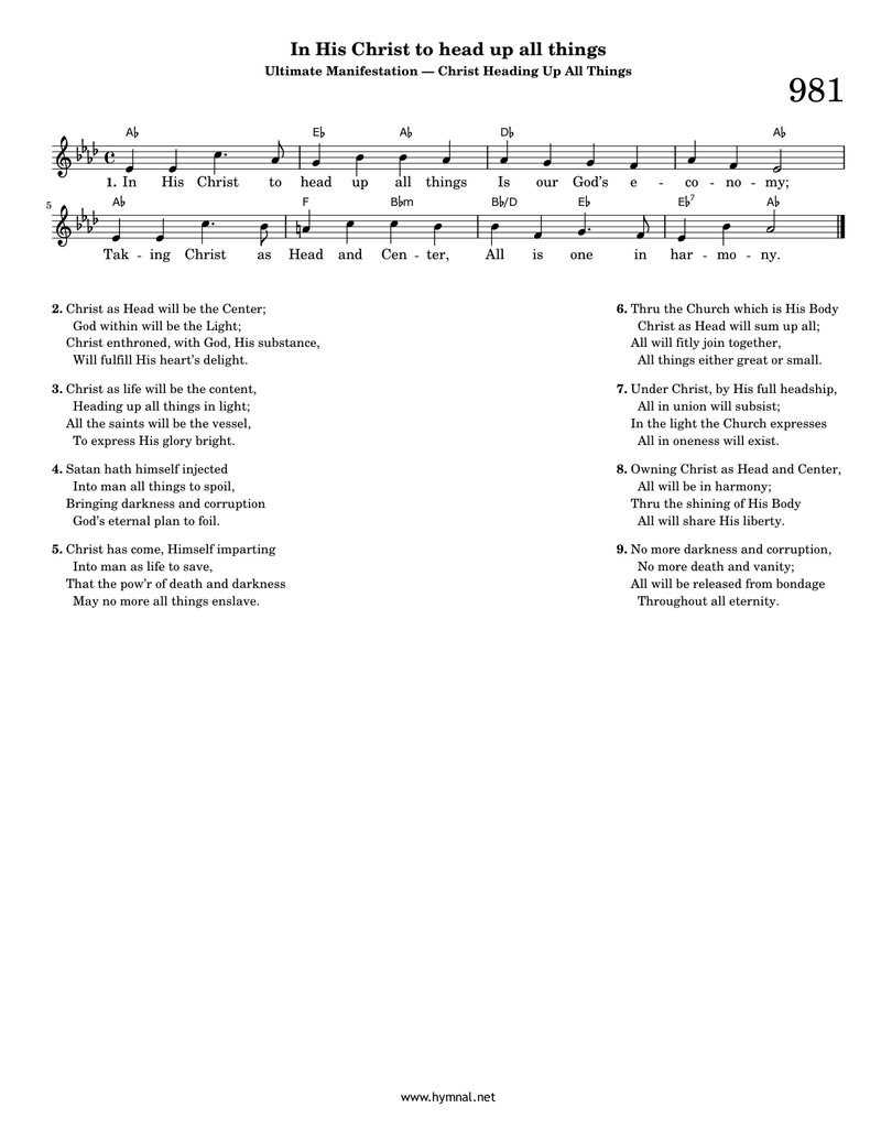 In His Christ to head up all things (Hymn 981) Piano Sheet Music Page 1 Free PDF