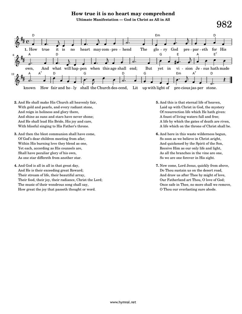How true it is no heart may comprehend (Hymn 982) Piano Sheet Music Page 1 Free PDF