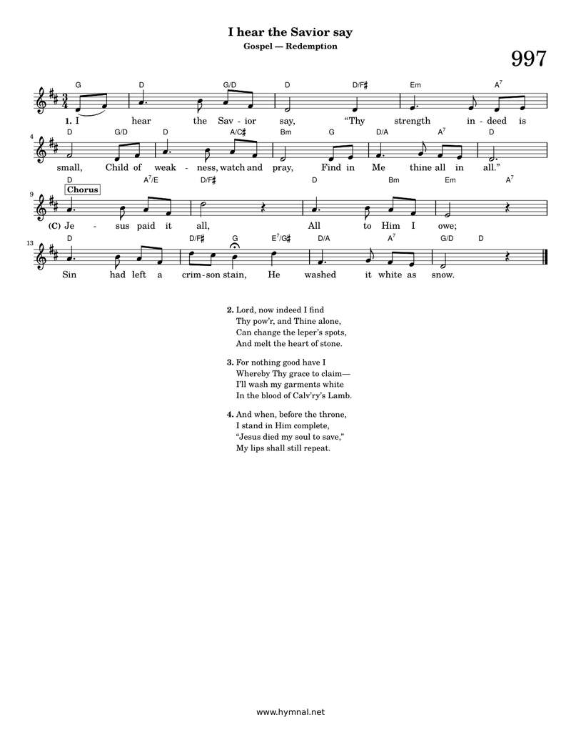 I hear the Savior say (Hymn 997) Piano Sheet Music Page 1 Free PDF