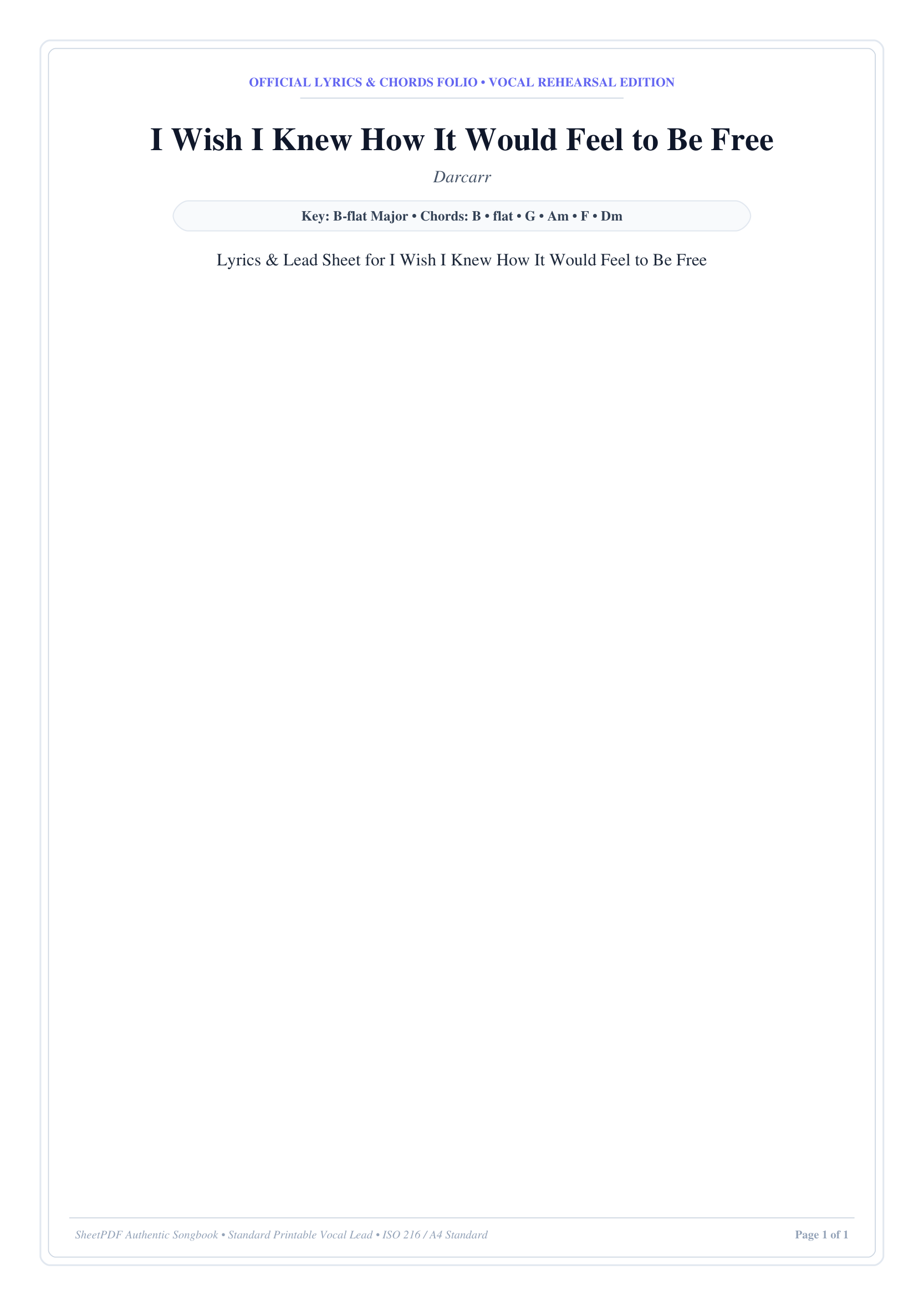 I Wish I Knew How It Would Feel to Be Free Piano Sheet Music Page 1 Free PDF
