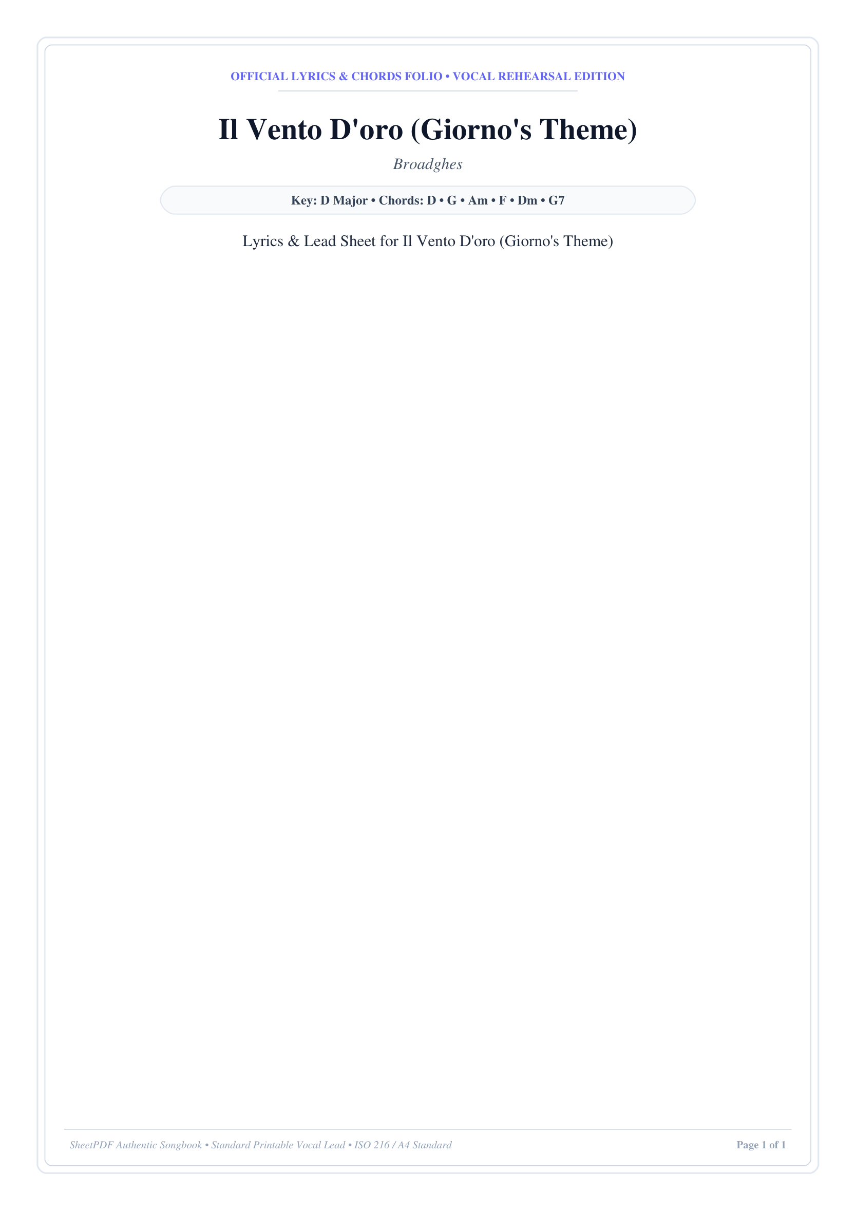 Il Vento D'oro (Giorno's Theme) Lyrics & Chords Folio