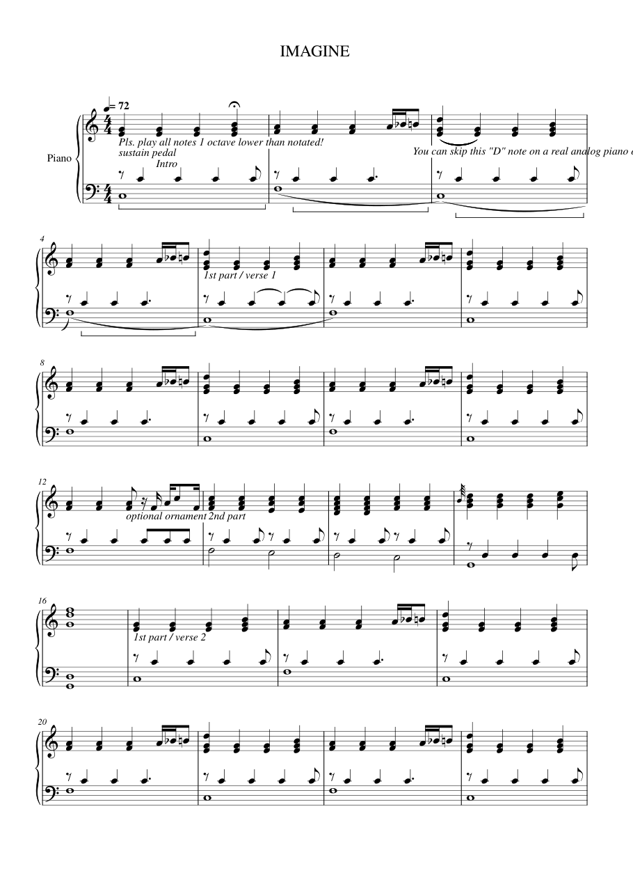 Imagine Piano Sheet Music Score Page 1