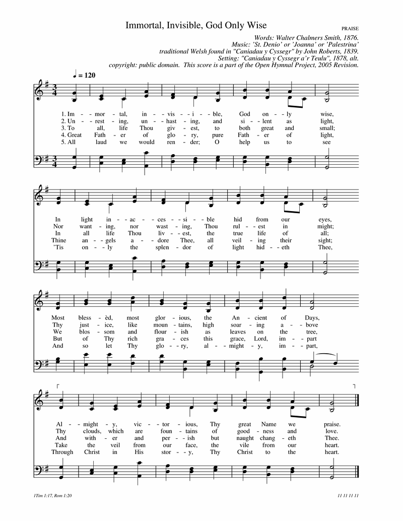 Immortal Invisible God Only Wise Piano Sheet Music Page 1 Free PDF