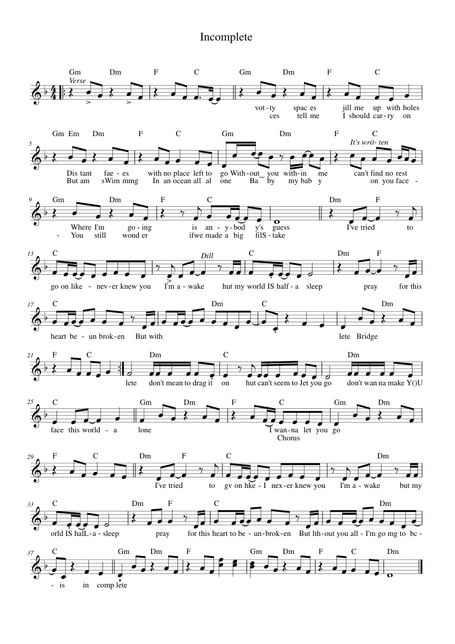 Incomplete Piano Sheet Music Score Page 1