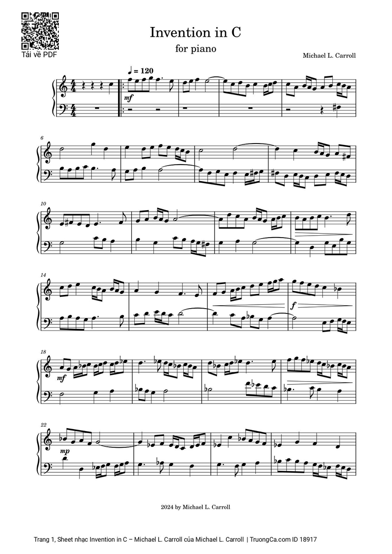 Invention in C Piano Sheet Music Score Page 1