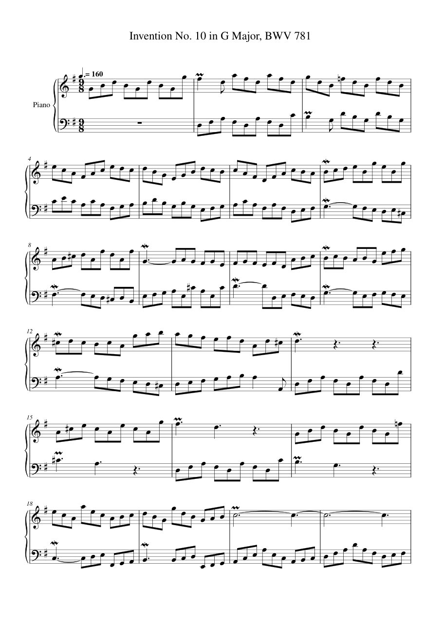Invention No. 10 in G Major, BWV 781 Piano Sheet Music Page 1 Free PDF