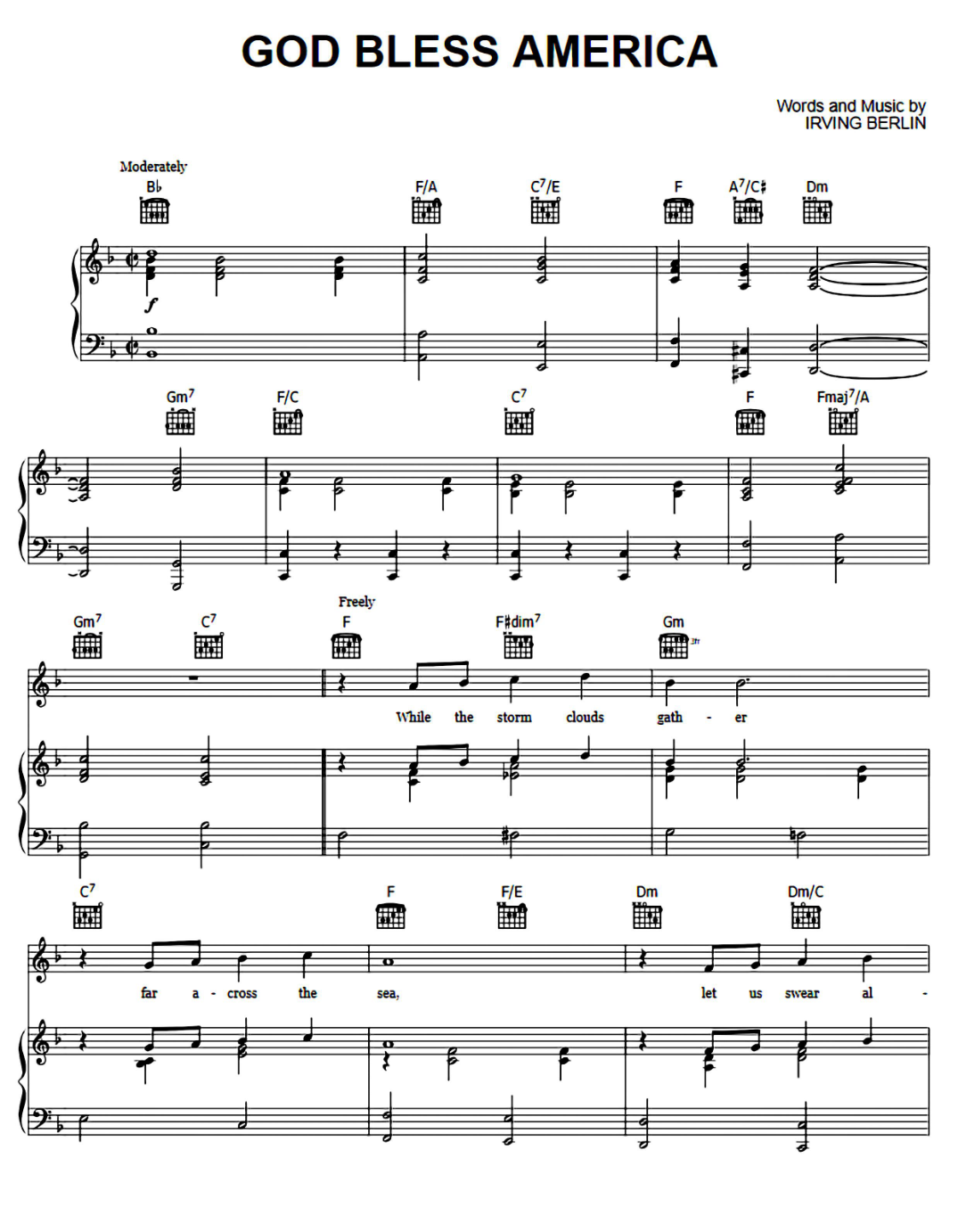 God Bless America Piano Sheet Music Score Page 1
