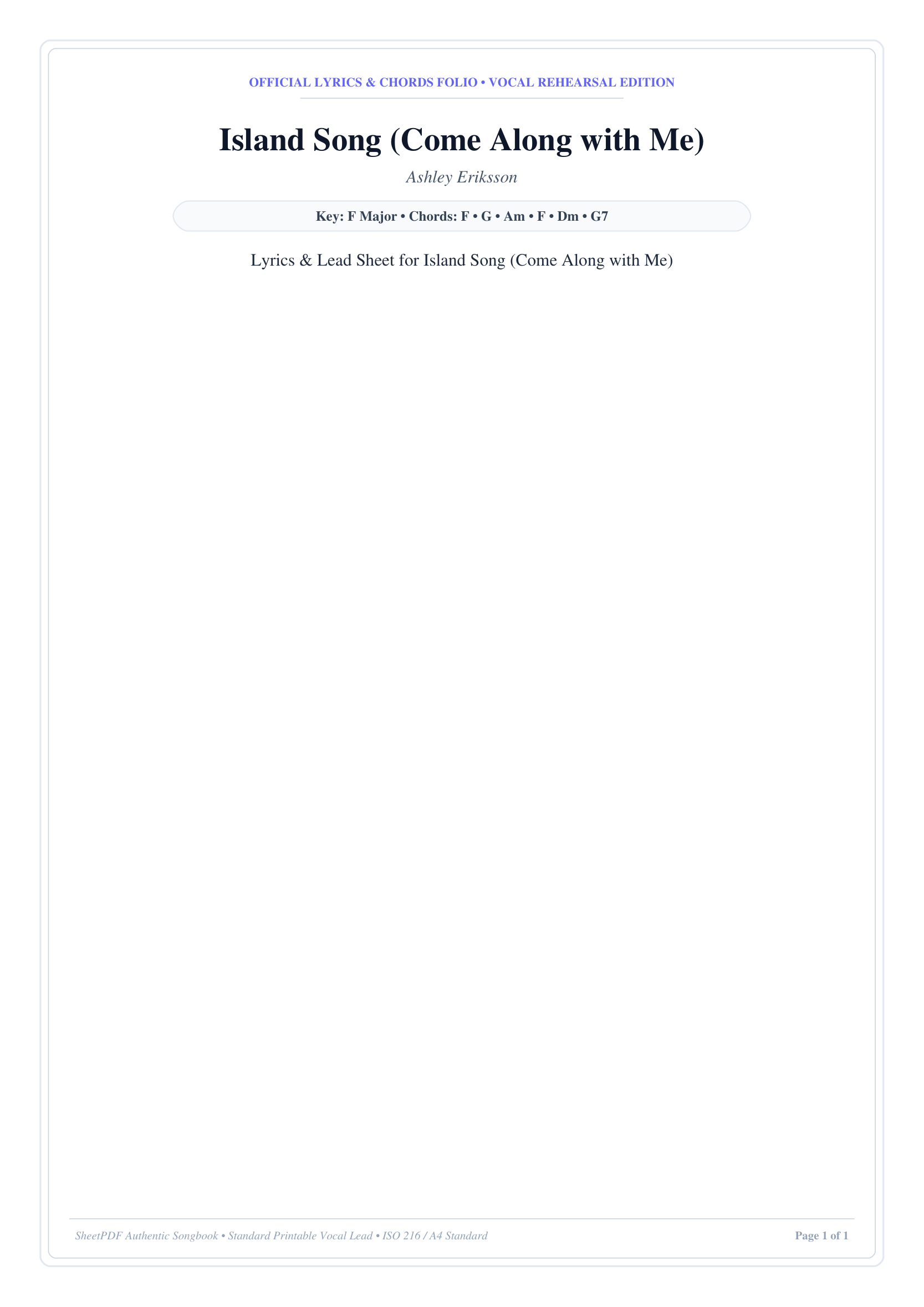 Island Song (Come Along with Me) Piano Sheet Music Page 1 Free PDF