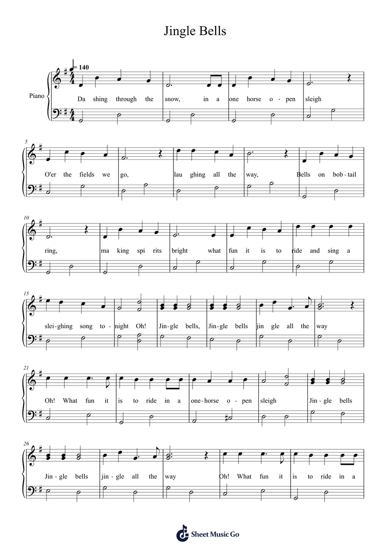 Jingle Bells (One Horse Open Sleigh) Piano Sheet Music Page 1 Free PDF