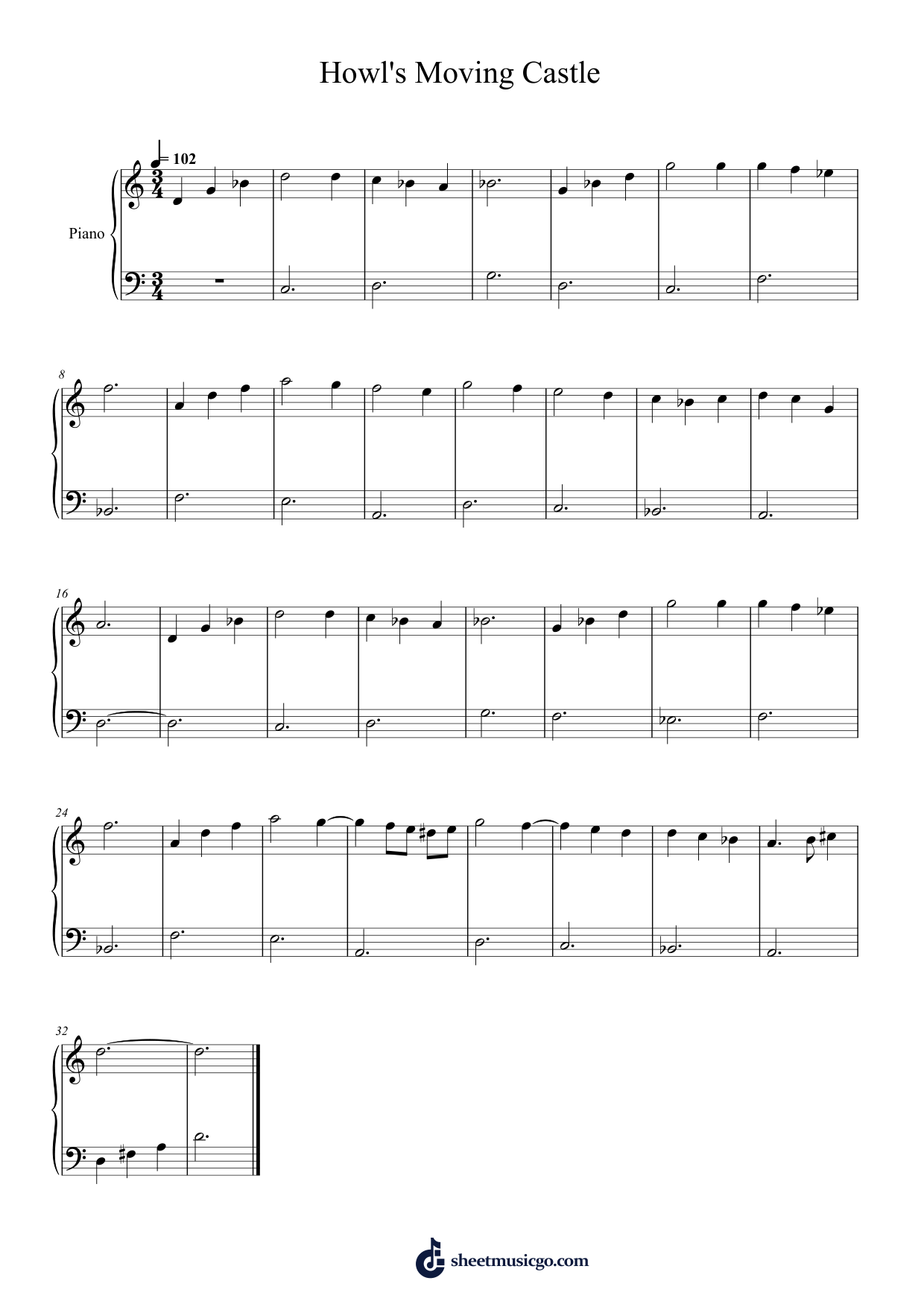 Howl's Moving Castle Piano Sheet Music Score Preview