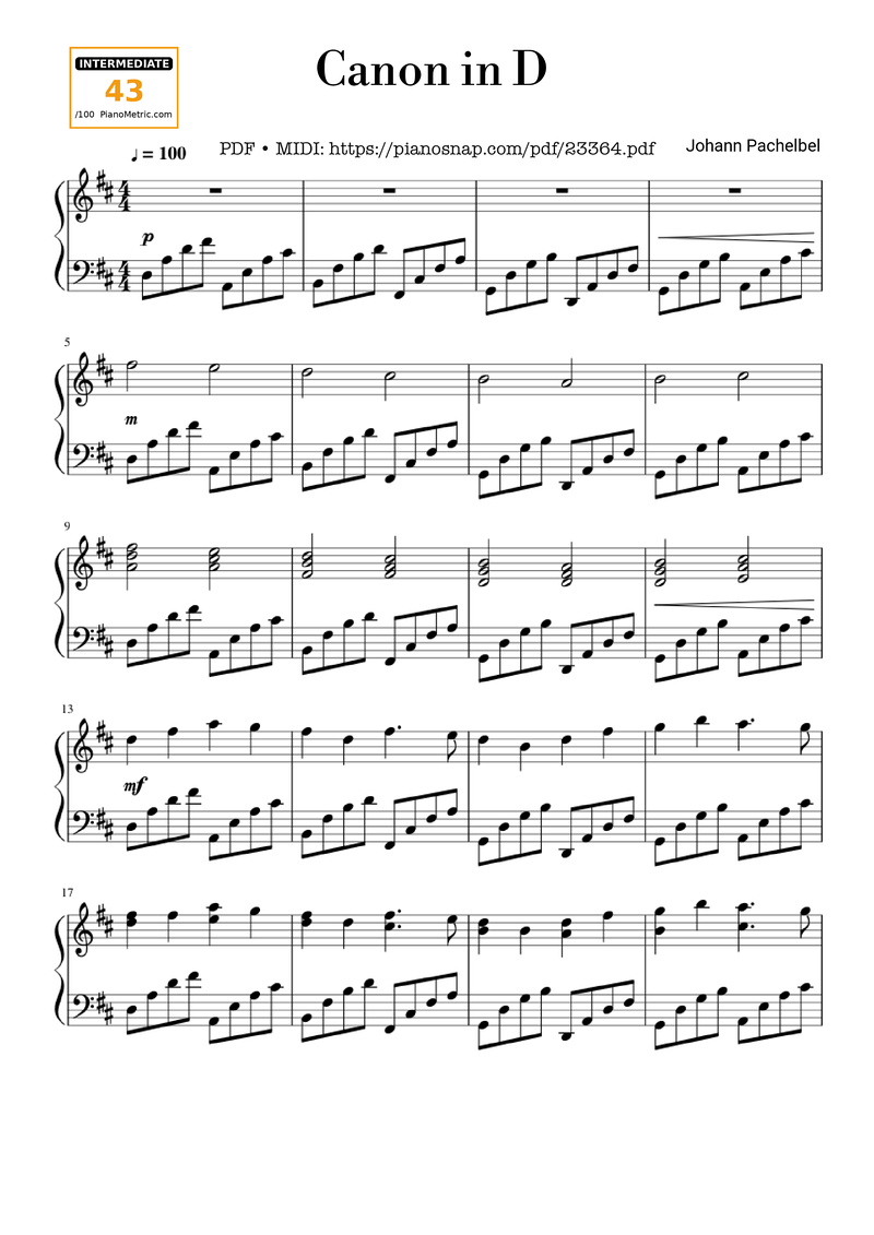 Johann Pachelbel Piano Sheet Music Score Page 1