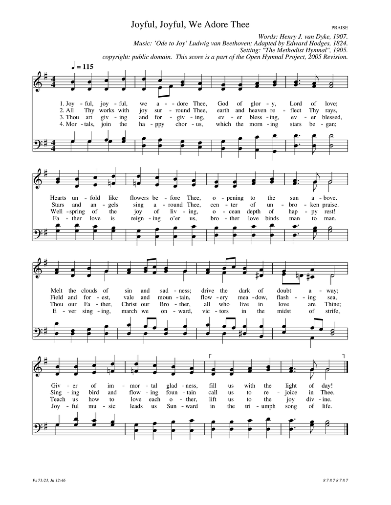 Joyful, Joyful, We Adore Thee Piano Sheet Music Page 1 Free PDF