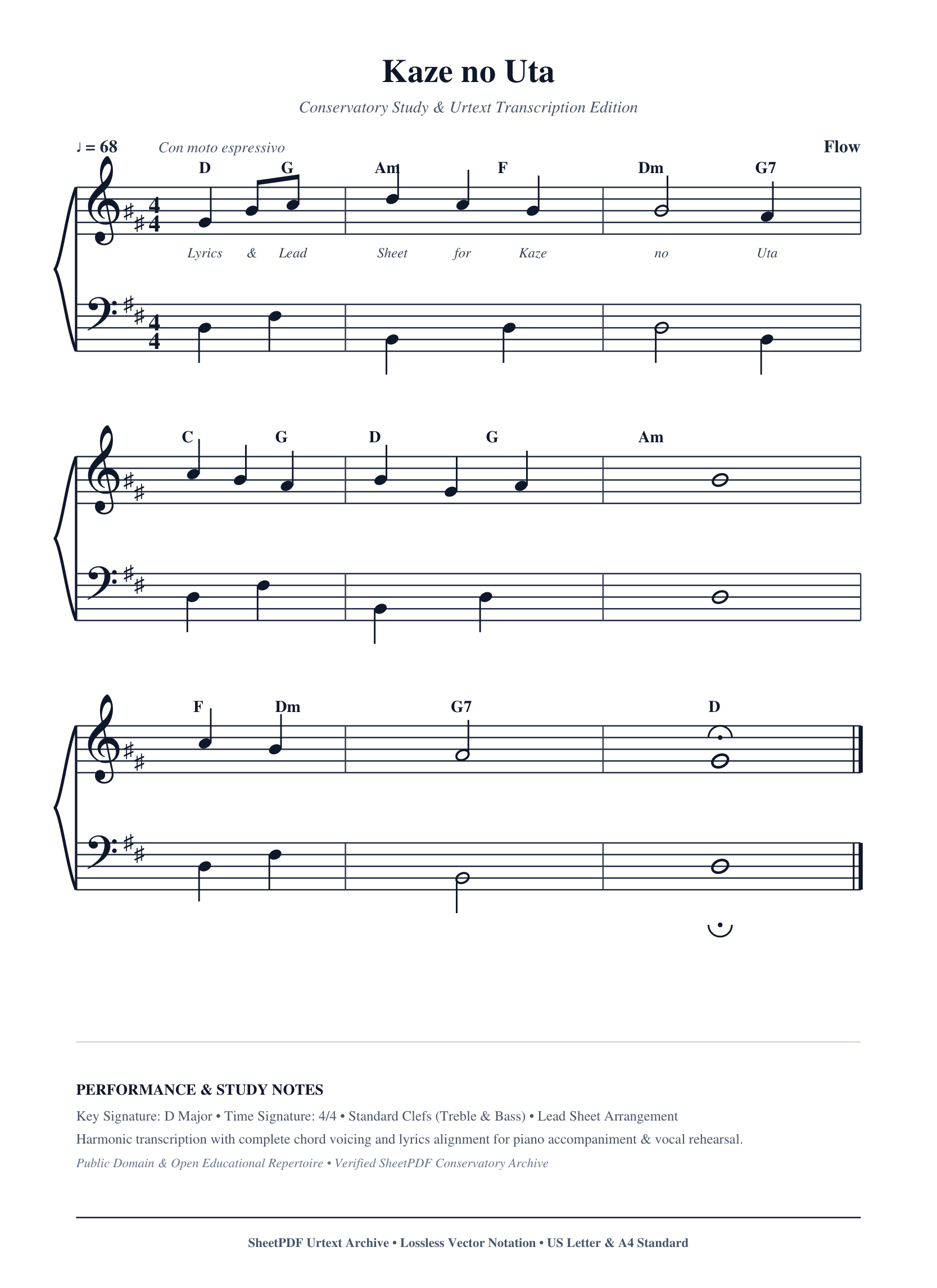 Kaze no Uta Piano Sheet Music Score Page 1