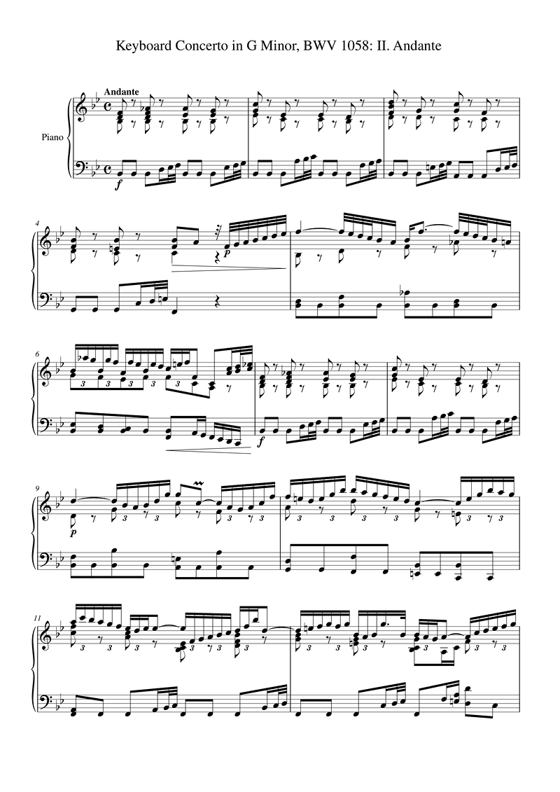Keyboard Concerto in G Minor, BWV 1058 II. Andante Piano Sheet Music Page 1 Free PDF
