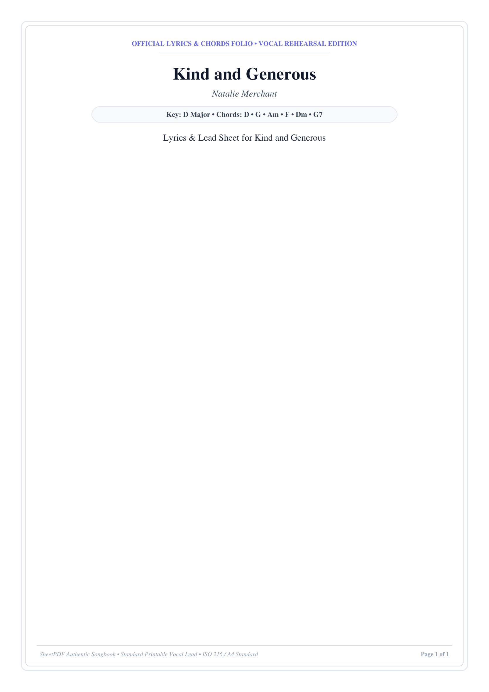 Kind and Generous Lyrics & Chords Folio