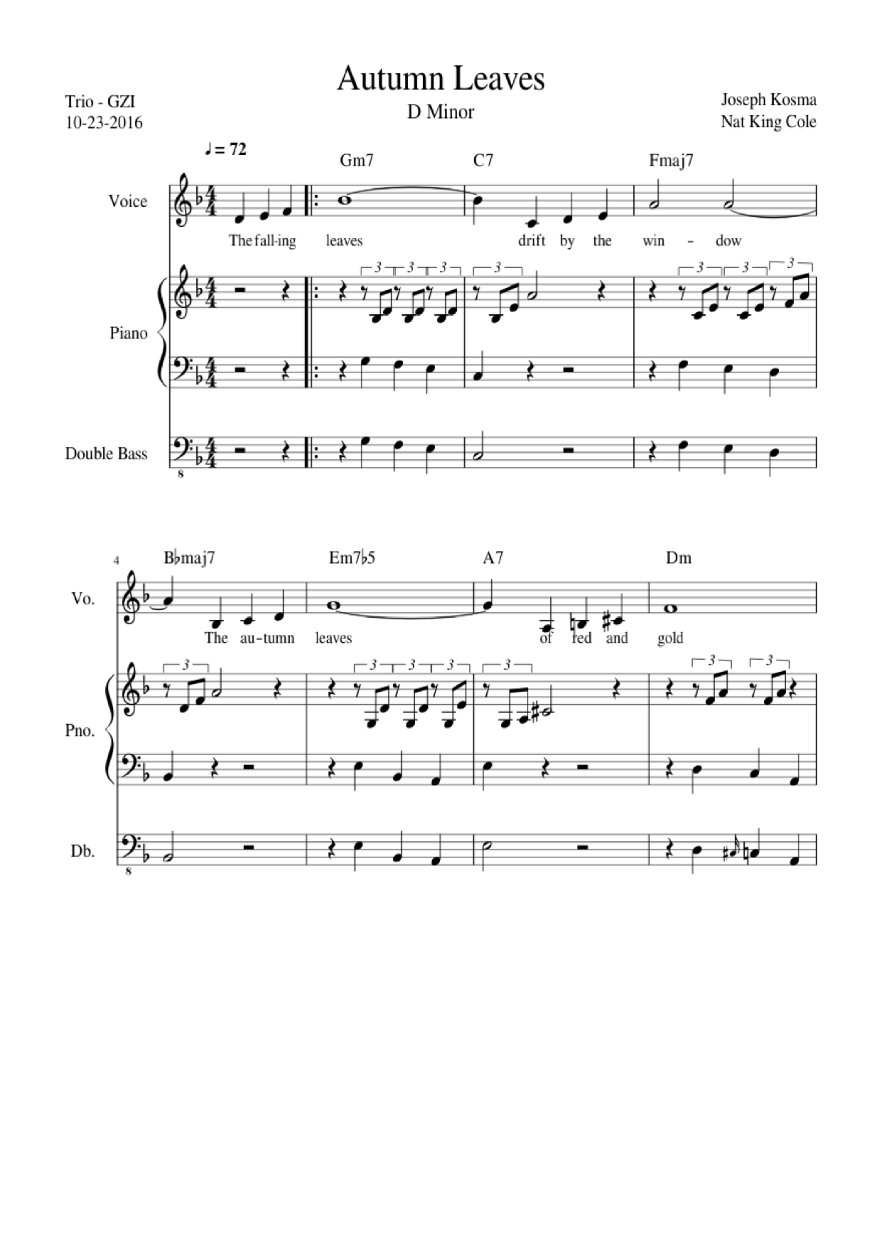 The falling leaves drift by the window Piano Sheet Music Page 1 Free PDF