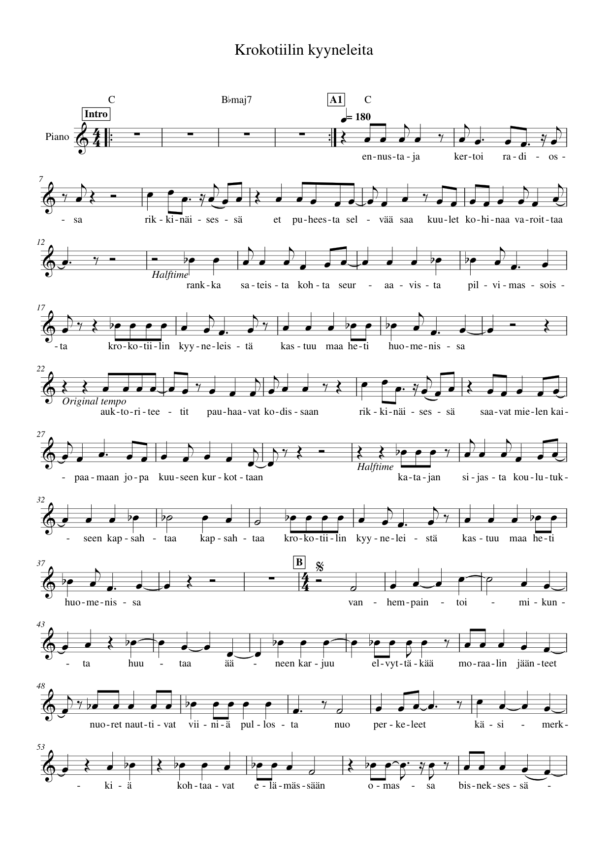 Krokotiilin kyyneleita Piano Sheet Music Page 1 Free PDF
