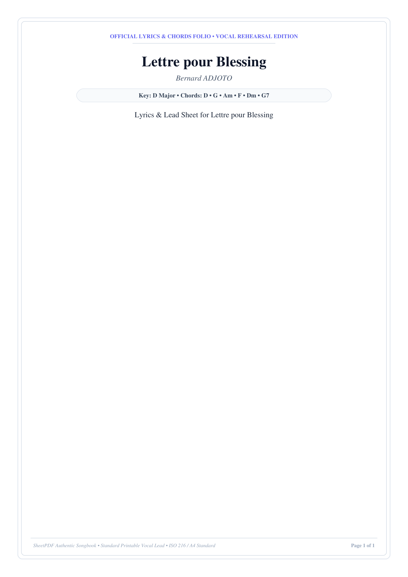Lettre pour Blessing Piano Sheet Music Score Page 1