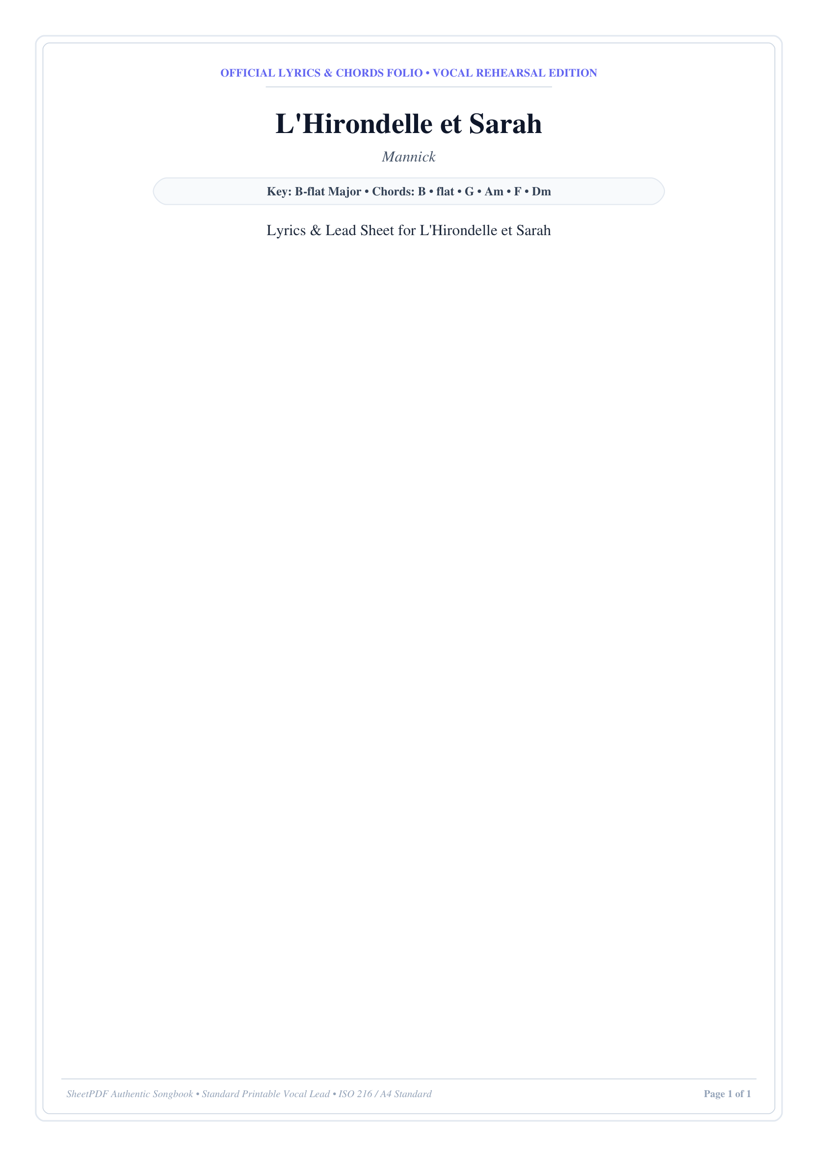 L'Hirondelle et Sarah Piano Sheet Music Page 1 Free PDF