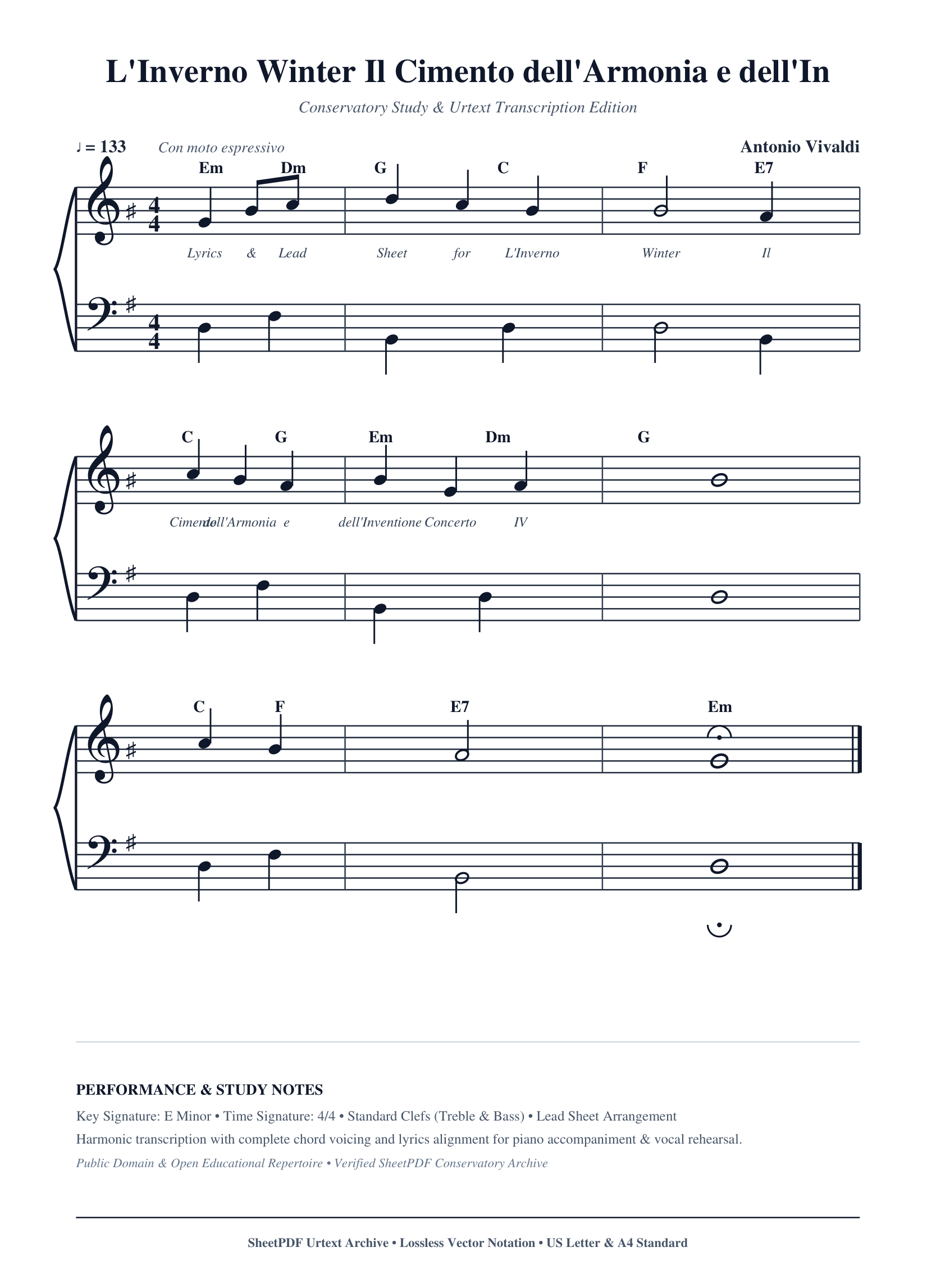 L'Inverno Winter Il Cimento dell'Armonia e dell'Inventione Concerto IV Piano Sheet Music Page 1 Free PDF